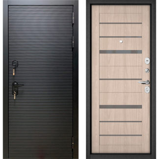 Стальная дверь с серым стеклом Бульдорс Масс-90 Черный матовый 9S-181/Ясень ривьера Айс CR-1