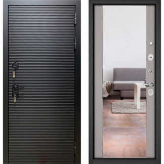 Входная железная дверь Бульдорс Масс-90 Черный матовый 9S-181/Эмаль светло-серая 9S-164 с зеркалом