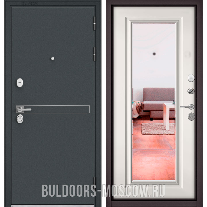Металлическая дверь Бульдорс Стандарт-90 Черный шелк D-4/Белый софт 9P-140 с зеркалом Металлическая дверь Бульдорс Стандарт-90 Черный шелк D-4/Белый софт 9P-140 с зеркалом