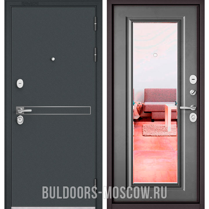 STANDART-90-Черный-шелк-D-4-Бетон-серый-9S-140-зеркало Входная железная дверь с зеркалом Бульдорс СТАНДАРТ-90 Черный шелк D-4/Бетон серый 9P-140