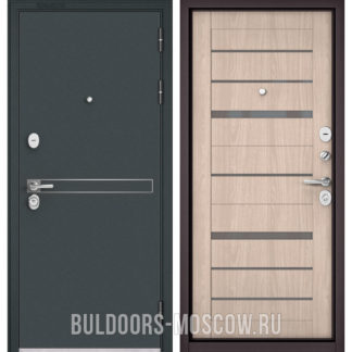 Стальная дверь с серым стеклом Бульдорс STANDART-90 Черный шелк D-4/Ясень ривьера Айс CR-1