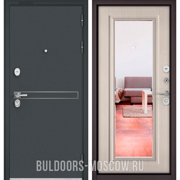 STANDART-90-Черный-шелк-D-4-Ларче-бьянко-9p-140 Стальная дверь с зеркалом Бульдорс STANDART-90 Черный шелк D-4/Ларче бьянко 9P-140 mirror