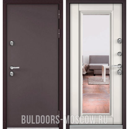 Железная дверь с зеркалом Бульдорс Термо-100 Букле шоколад Дуб белый матовый 10T-140